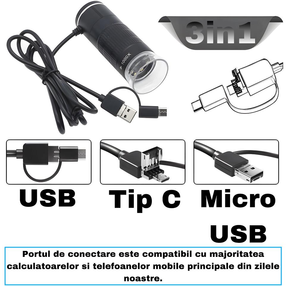 Microscop digital Premium, cu lumina LED, de inalta putere 1000x, cu 3 adaptoare, linie de metraj, stand