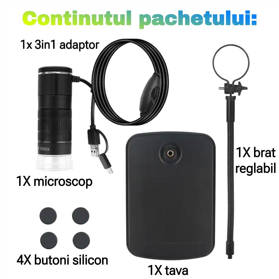 Microscop digital Premium, cu lumina LED, de inalta putere 1000x, cu 3 adaptoare, linie de metraj, stand