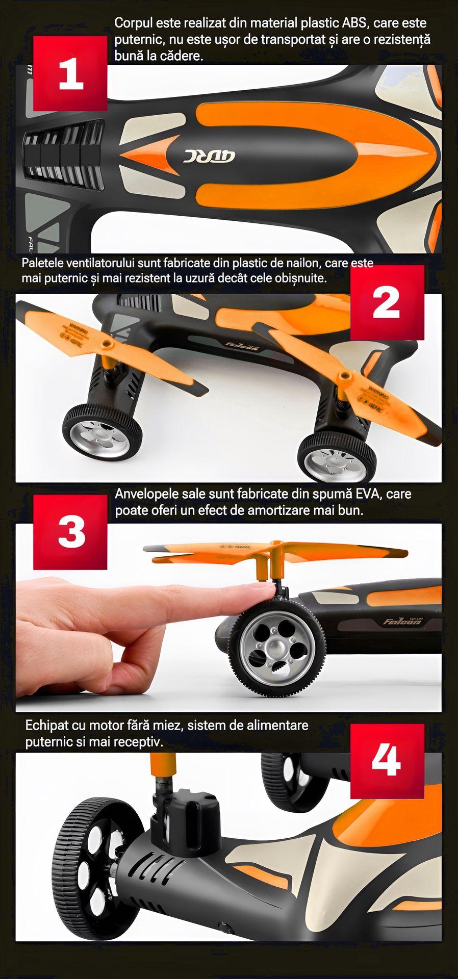 Drona-Masina 2In1, Camera 4K, Lumini LED, Mod Hover, Rulare 360, Control cu un singur buton, Mod Headless, Portocaliu