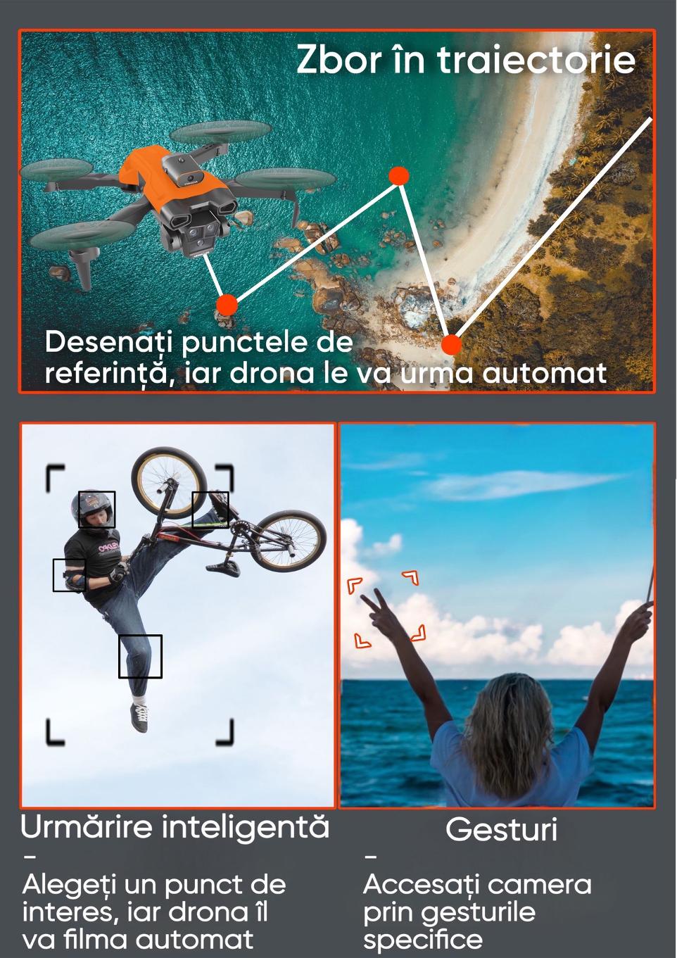 Drona HexaCraft, HC12 - Trend, 5G, pentru incepatori, copii sau adulti, distanta maxima 800M, 3 camere HD 8K, material rezistent la coliziuni, Altitude Hold Mode, Orbital Motion, Senzor de detectare a obiectelor, portocalie