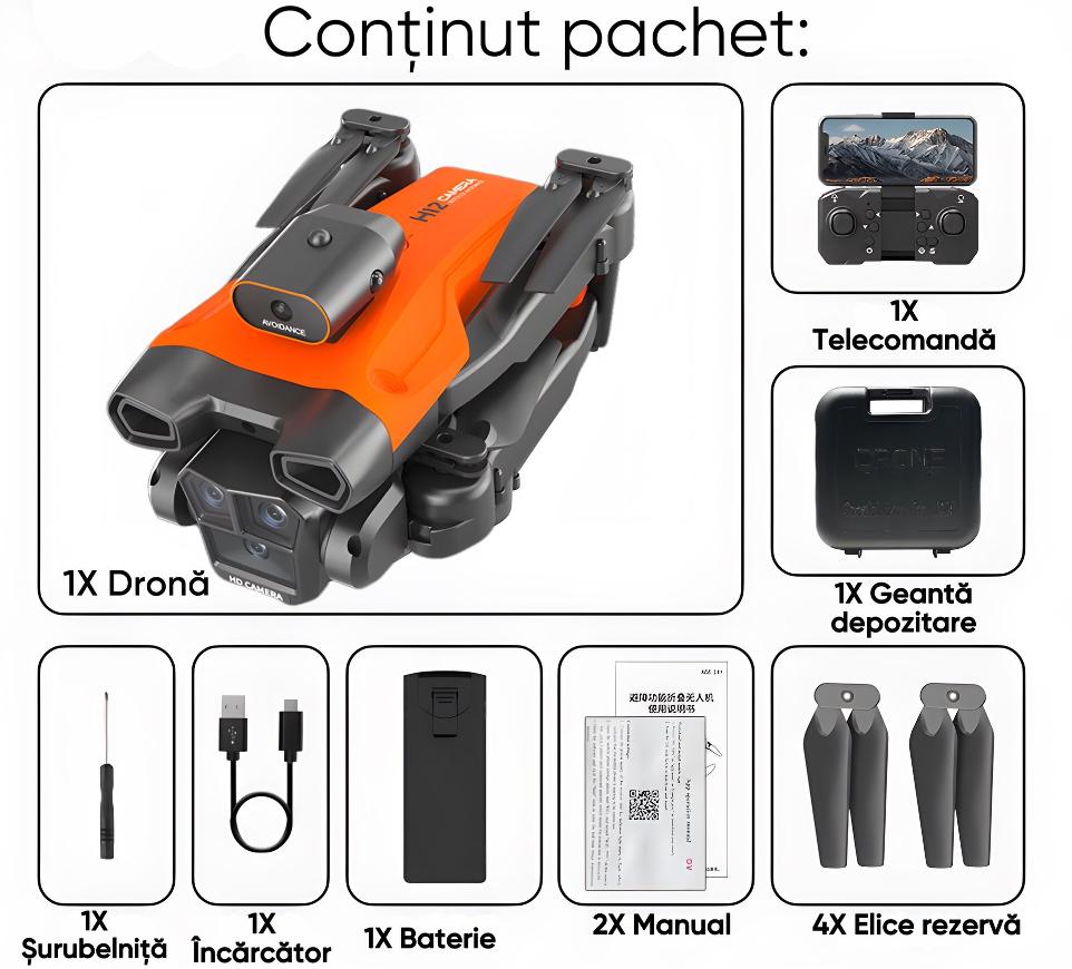 Drona HexaCraft, HC12 - Trend, 5G, pentru incepatori, copii sau adulti, distanta maxima 800M, 3 camere HD 8K, material rezistent la coliziuni, Altitude Hold Mode, Orbital Motion, Senzor de detectare a obiectelor, portocalie